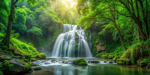 Fototapeta premium Serene waterfall cascading through lush green forest , nature, picturesque, landscape, cascading, water, trees, greenery