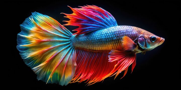 Vibrant multi-color Rosetail Betta splendens fish swimming gracefully , Siamese fighting fish, halfmoon, Betta fish
