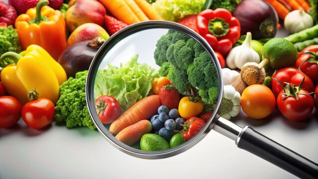 Magnifying glass highlighting contaminated fruit and vegetables with synthetic substances PFAS