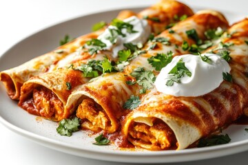 Close-Up of Three Chicken Enchiladas with Cilantro and Sour Cream