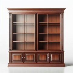 Open wooden bookshelf with empty shelves and a book, perfect for office interior design