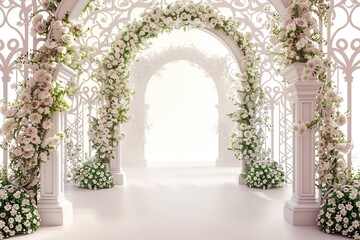 White Floral Wedding Archway Decorated with Greenery and White Roses