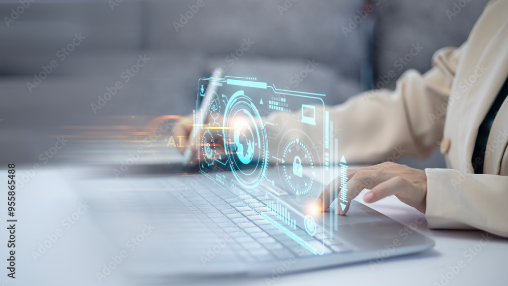 Poster a woman is using a laptop with ai can detect suspicious behavior or cyberattacks attempting to inter