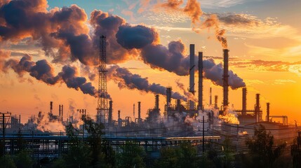 Industrial plant with smoke stacks emitting plumes of smoke against a golden sunset sky.