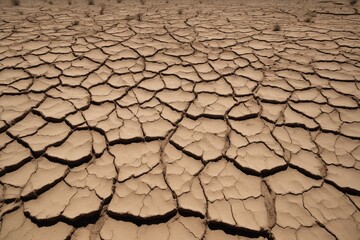 Dry cracked earth in a desert landscape showcasing the texture of arid soil under the intense summer heat