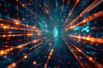 Obraz premium Digital Data Stream and Light Burst in Abstract Cyberspace