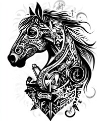 Fototapeta premium A stylized black and white illustration of a horse's head filled with intricate patterns.