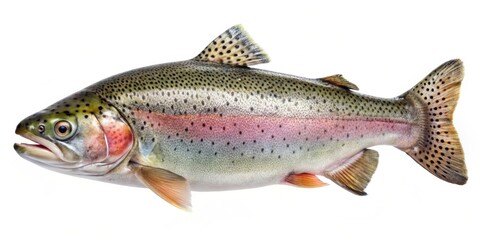 Naklejka premium Close up of a rainbow trout, cut out on a white background, fish, seafood, freshwater, vibrant colors, scales, fins, aquatic