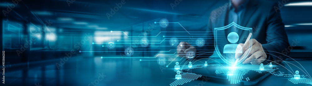 Poster authorization. businessman drawing global structure networking graph on office table with tab, requi