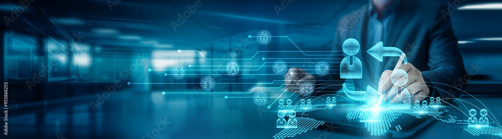 Aufkleber businessman drawing global structure networking b2b graph for on office table with tab, illustrating