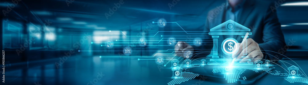 Poster businessman drawing global structure networking banking services graph and on office table with tab,