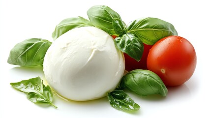 a ball of fresh mozzarella with basil leaves, Italian cuisine, soft and smooth, isolated on white background
