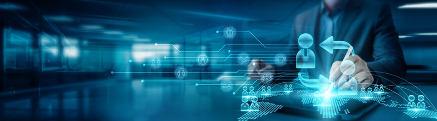 Businessman drawing global structure networking B2B graph for on office table with tab, illustrating partnerships and collaborations between companies to enhance trade and growth in the marketplace.
