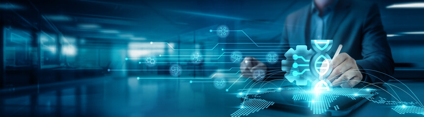 Businessman drawing global structure networking biotechnology graph and on office table with tab,...