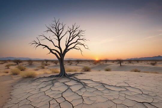 A lone, dead tree stands defiant against the vast, arid desert landscape, its branches reaching towards the endless