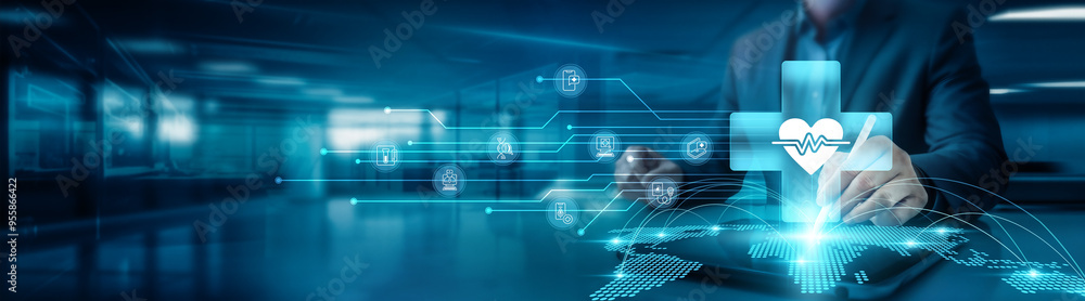 Poster businessman drawing global structure networking in a health it context graph on office table with ta