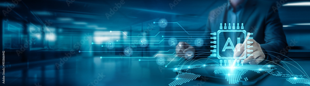 Poster businessman drawing global structure networking with artificial intelligence (ai) graph on office ta