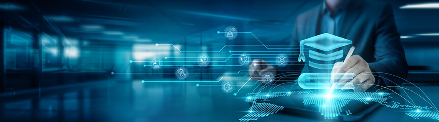 Businessman drawing global structure networking e-learning graph for on office table with tab, utilizing digital resources to enhance online education, collaborative learning experiences for students.