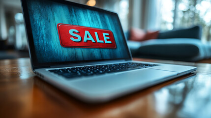 A laptop with a "SALE" banner on the screen, isolated on a clean, modern background, ideal for Black Friday tech promotions.