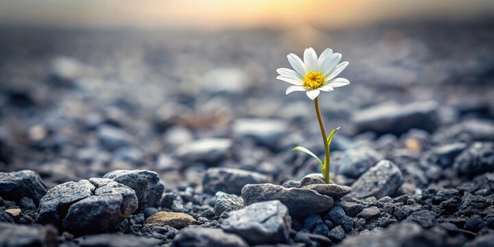 A single flower blooming in a bleak landscape filled with ash and stones, flower, bloom, field, ash, stone, nature