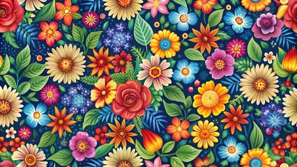 Seamless pattern with colorful flowers and leaves , floral, botanical, nature, repetitive, design, background, texture