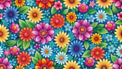 Seamless pattern featuring colorful flowers in a repeating design, floral, bloom, botanical, nature, garden, vibrant