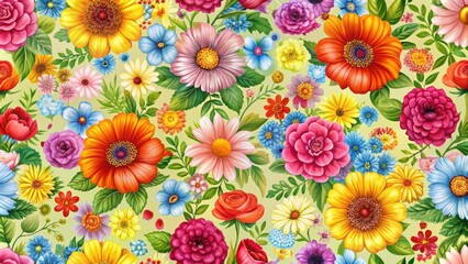 Seamless floral pattern with bright and colorful flowers, nature, botanical, repeating, background, elegant, vibrant, bloom