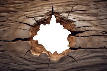 Front View To a Hole in a weathered wooden wall PNG isolated on white and transparent background - Rustic Wooden hole opening cutout in a Decayed Old wood