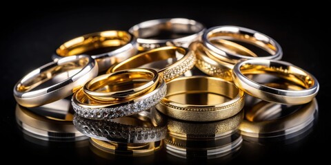Close-up of a collection of shimmering gold and silver rings on a sleek black background, jewelry, fashion, rings, accessories
