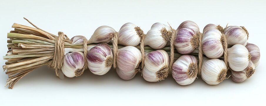 a cluster of garlic bulbs tied with twine, farm fresh, earthy tones, isolated on white background