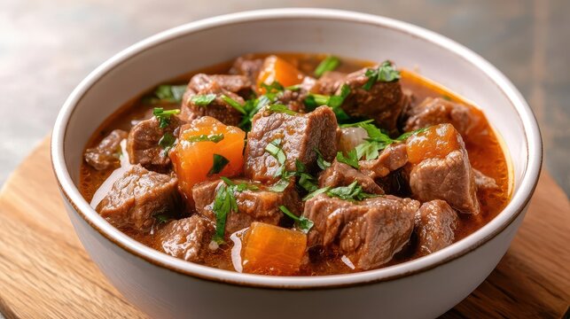 A bowl of Vietnamese beef stew bo kho under warm, ambient light, bo kho, studio lighting, beef stew