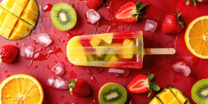 Top view of a colorful fruit popsicle with pineapple orange and mango garnished with kiwi and strawberry slices