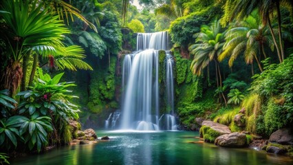 Beautiful waterfall surrounded by lush tropical plants in a humid jungle setting, waterfall
