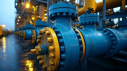 Blue Industrial Valves Control Flow in Pipeline System