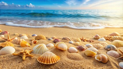 Sandy beach background with seashells scattered on the shore, summer, beach, seashells, sand, tropical, vacation, relaxation