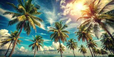 Blue sky and palm trees viewed from below in a vintage style tropical beach background