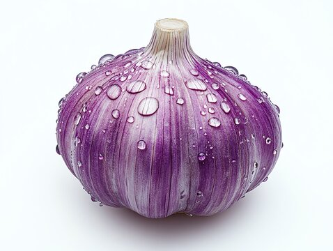 a garlic clove with tiny water droplets, fresh and crisp, closeup photography, isolated on white background