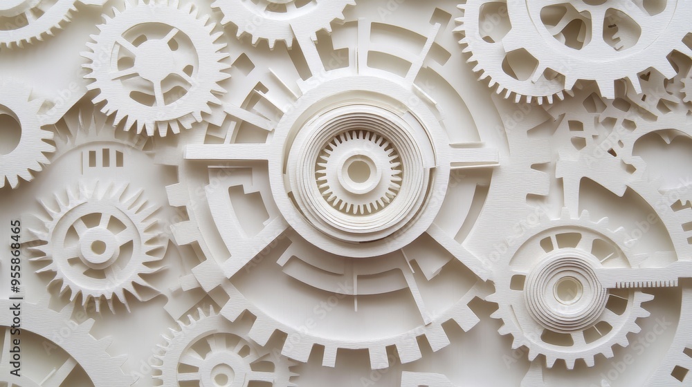 Poster white paper gears interlock, symbolizing collaboration, precision, and the intricate workings of com