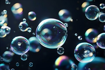 soap bubbles flying in the air, dark background