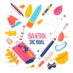Illustration of School Supplies with Leaves Around it