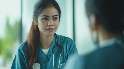 Fototapeta premium Female Doctor in Teal Scrubs with Stethoscope Listening to Patient