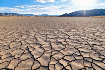 Dry cracked earth in a desert landscape and bright sun rays showcasing the texture of arid soil under the intense summer heat