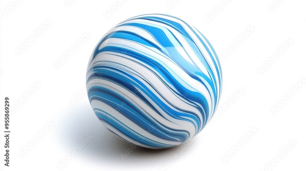 Poster a 3d rendering of a blue and white striped sphere on a white background. the sphere is smooth and gl