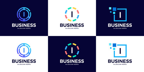 Collection of Technology letter I logo design template. Initials symbol for Business, Start up, Artificial Intelligence.