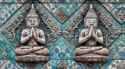 Fototapeta premium Ancient Buddhist Statues Carved into Wall with Turquoise Tiles