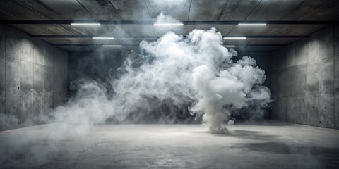 Smoke floating up in studio room with concrete floor for product display, smoke, studio room