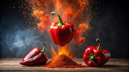 Dynamic kitchen scene with large red bell pepper, small red hot chili peppers, and flying paprika powder, kitchen, dynamic