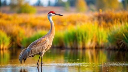Majestic sandhill crane bird standing in a wetland habitat, sandhill crane, bird, wetland, wildlife, nature, feathers © Udomner
