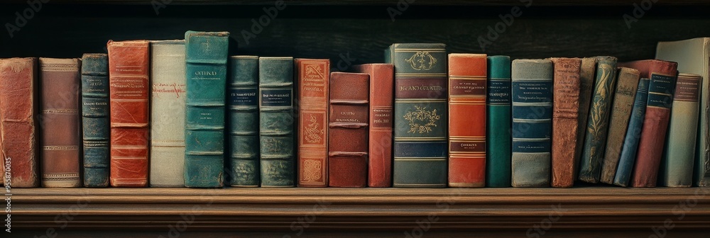 Poster a bookshelf filled with a variety of vintage books, each with its own unique color and design. the b