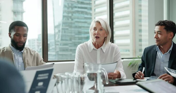 Documents, meeting and business people in office for finance board discussion with company budget. Diversity, report and treasury team with manager for financial system development for disbursement.